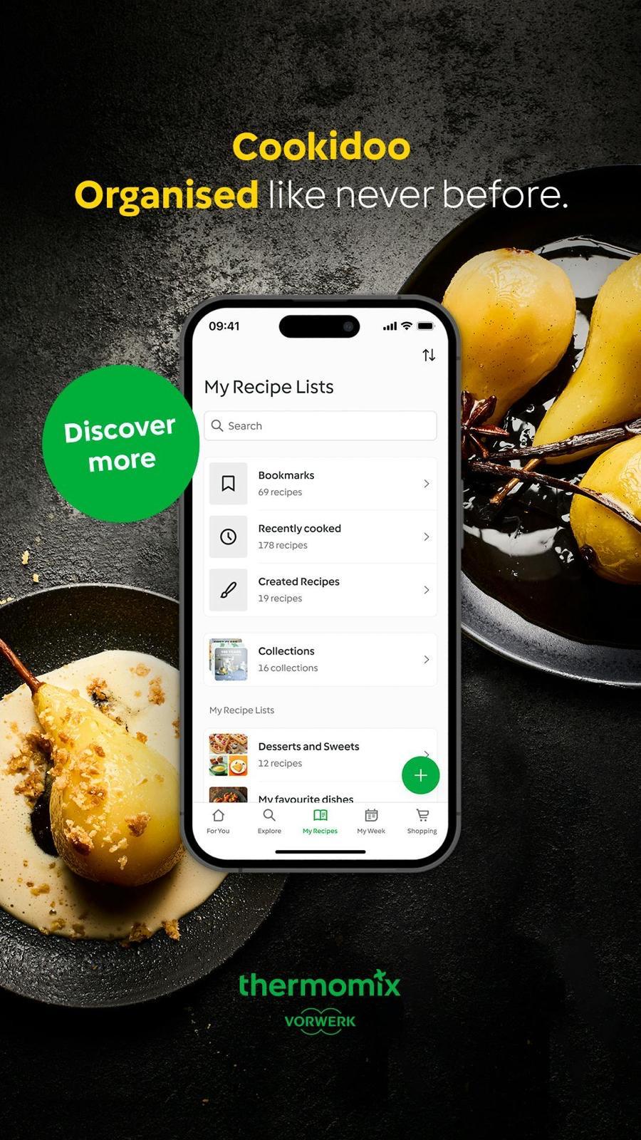 Cookidoo app showing organised recipe lists next to plated dessert
